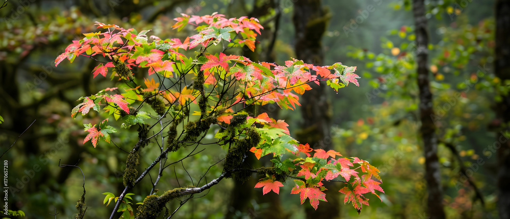 Vibrant Fall Foliage of Red and Green Maple Leaves in a Misty Forest Setting Vibrant Fall Foliage of Red and Green Maple Leaves in a Misty Forest Setting