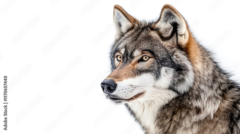 Fototapeta premium A closeup portrait of a timber wolf on a white background