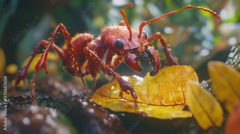 Close-up of a large red ant on a yellow leaf in a lush forest setting. Close-up of a large red ant on a yellow leaf in a lush forest setting.