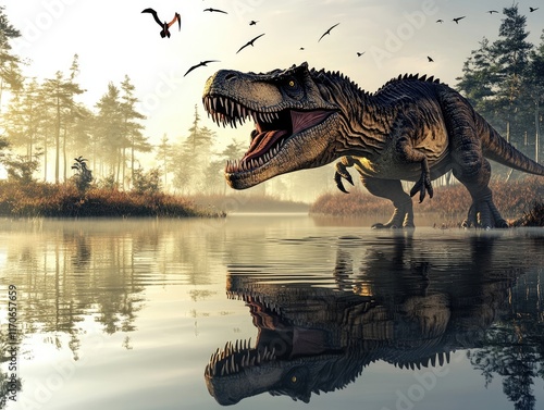 Fototapeta Naklejka Na Ścianę i Meble -  A dinosaur stands by a tranquil lake at dawn, reflecting its image in the water.