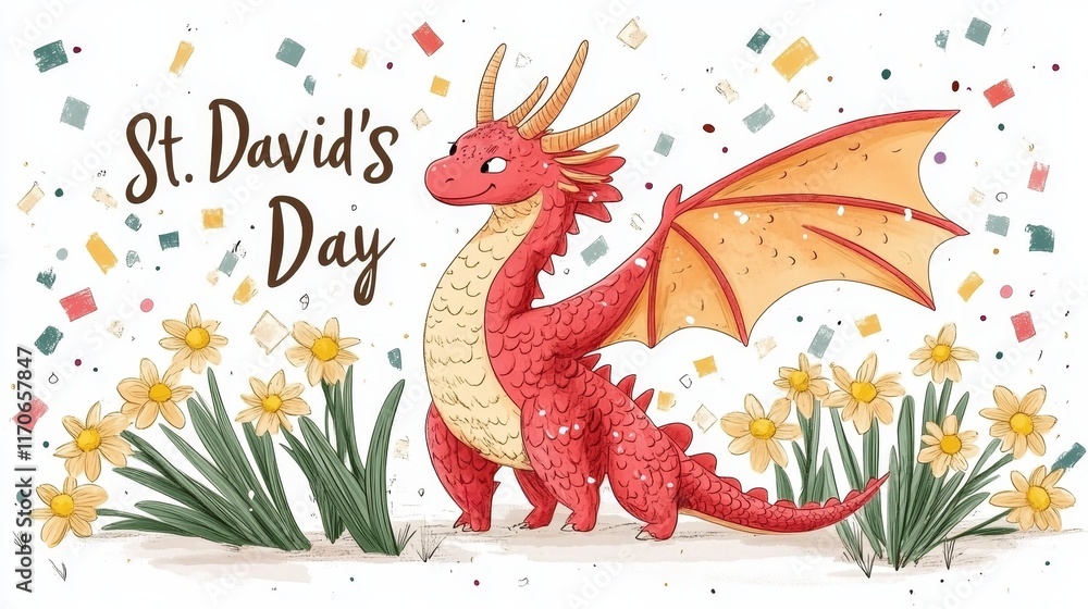 Fototapeta premium Whimsical St. David's Day Illustration with Red Welsh Dragon and Daffodils 21