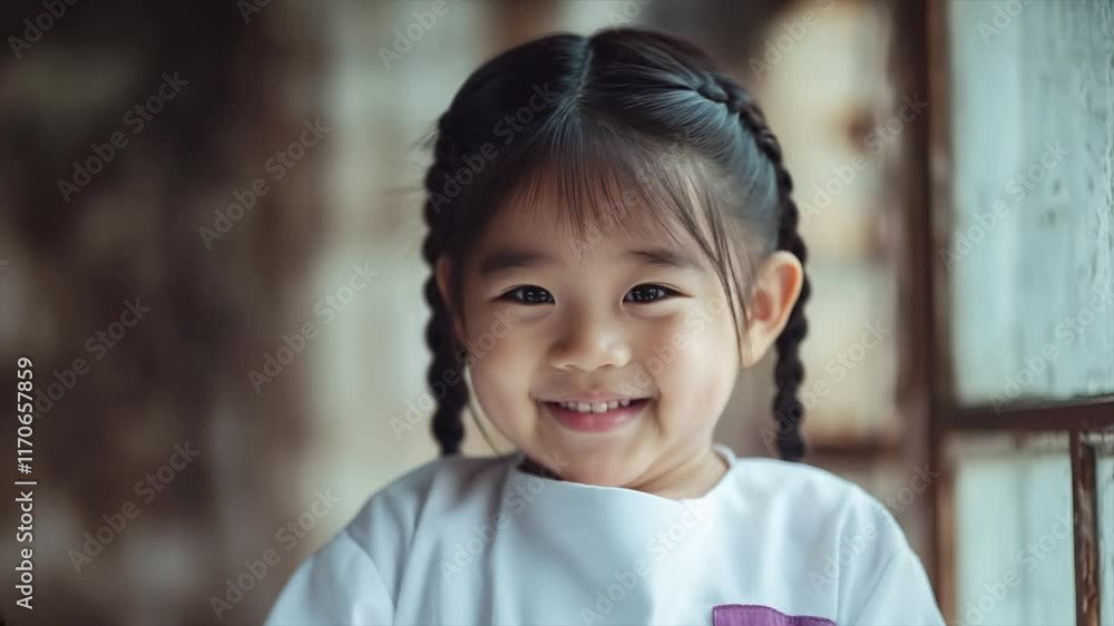 Charming Asian Girl with Braided Hair Smiling Brightly and Expressing Innocent Happiness in Animation Charming Asian Girl with Braided Hair Smiling Brightly and Expressing Innocent Happiness in Animation