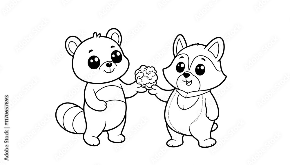 Obraz premium Adorable Raccoon Duo Sharing a Treat: A Delightful Coloring Page Featuring Two Cute Cartoon Raccoons Exchanging a Yummy Snack.