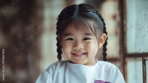 Charming Asian Girl with Braided Hair Smiling Brightly and Expressing Innocent Happiness in Animation photo