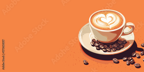 Vector Latte Coffee with Heart Art on Orange
