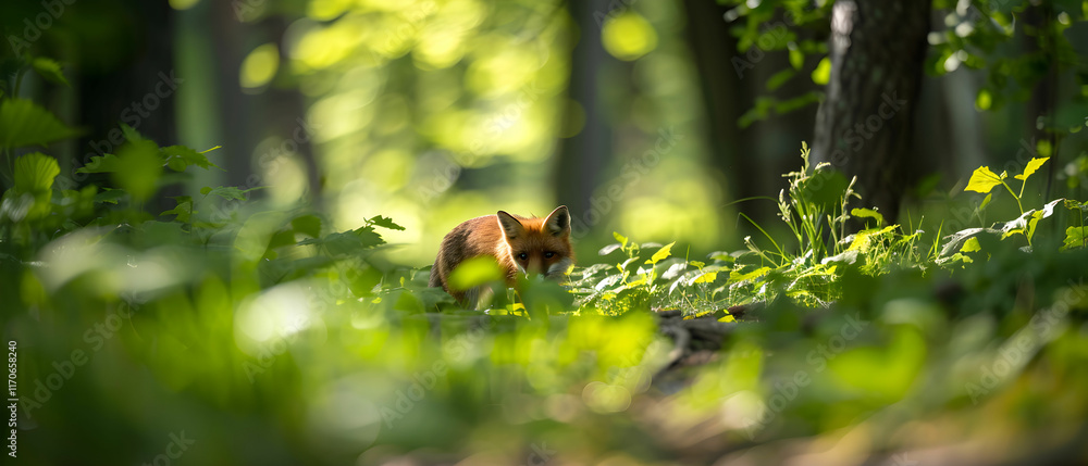 Curious fox exploring a lush green forest floor in soft sunlight with blurred background details capturing nature's beauty Curious fox exploring a lush green forest floor in soft sunlight with blurred background details capturing nature's beauty