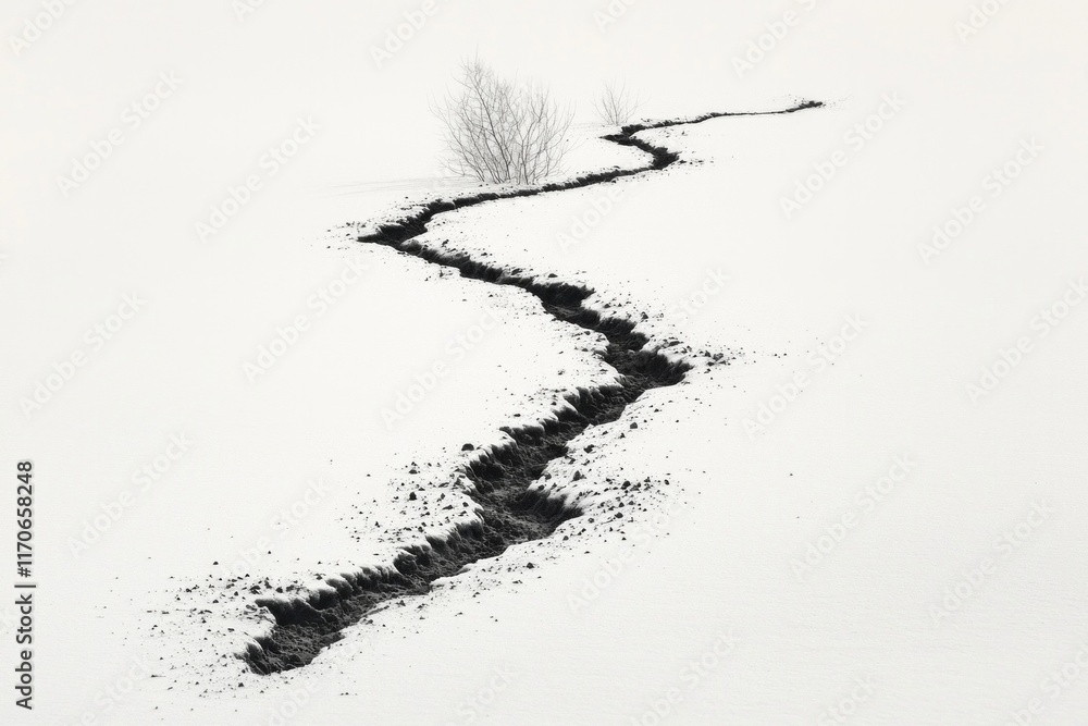 Fototapeta premium Minimalist black and white style of a snow-covered ground, with an unbroken trail that resembles water flowing from one place to another.