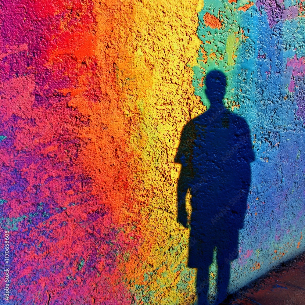 Obraz premium Colorful Urban Wall Art with Shadow of a Person Walking by