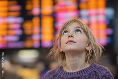 Niña con suéter morado buscando su vuelo en el aeropuerto. En la sala de espera, se ve una pantalla borrosa con vuelos al fondo photo