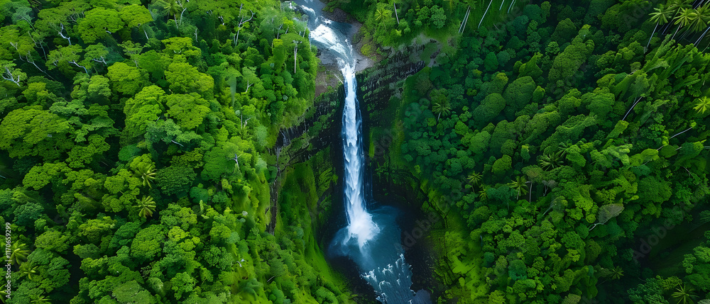 Lush Green Jungle Surrounding Majestic Waterfall Cascading into Crystal Clear Pool in Serene Tropical Paradise Lush Green Jungle Surrounding Majestic Waterfall Cascading into Crystal Clear Pool in Serene Tropical Paradise