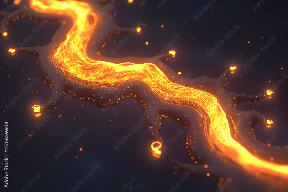 Abstract fiery river, glowing orange lava stream, dark background, digital art, futuristic texture, energy flow, dynamic design, cosmic stream. Abstract fiery river, glowing orange lava stream, dark background, digital art, futuristic texture, energy flow, dynamic design, cosmic stream.
