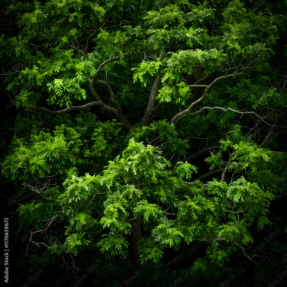 Fototapeta premium Lush Green Foliage Underneath Natural Canopy with Sunlight Filtering Through Dense Tree Branches