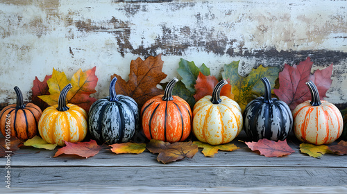 A colorful display of pumpkins, pumpkins and leaves sitting in a row on wooden background. Space for text. photo