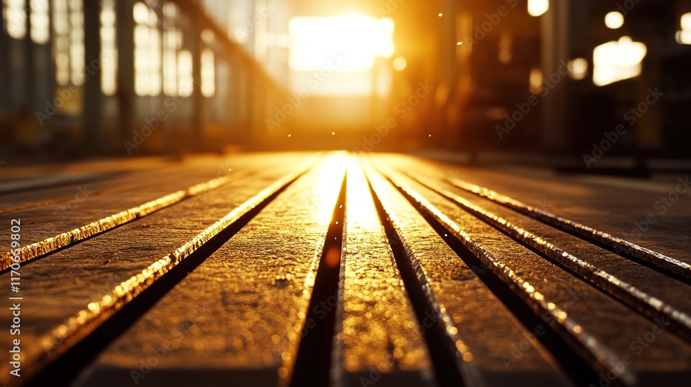 Warm Sunset Glow Over Industrial Floor With Long Shadows Warm Sunset Glow Over Industrial Floor With Long Shadows