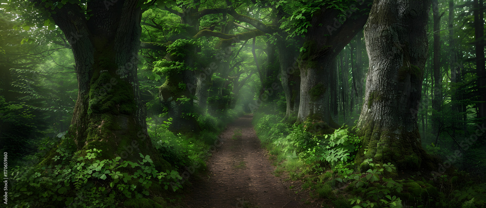 Serene Forest Pathway Surrounded by Lush Greenery and Majestic Trees in a Mystical Woodland Environment Serene Forest Pathway Surrounded by Lush Greenery and Majestic Trees in a Mystical Woodland Environment