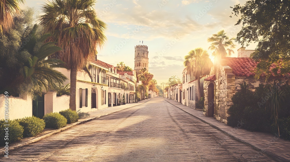 Fototapeta premium Sunlit Street Scene With Palm Trees And Tower