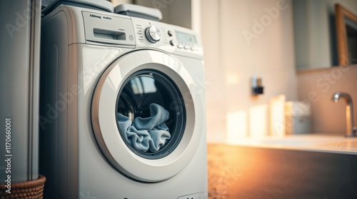 Washing machine with clothes in modern bathroom interior photo