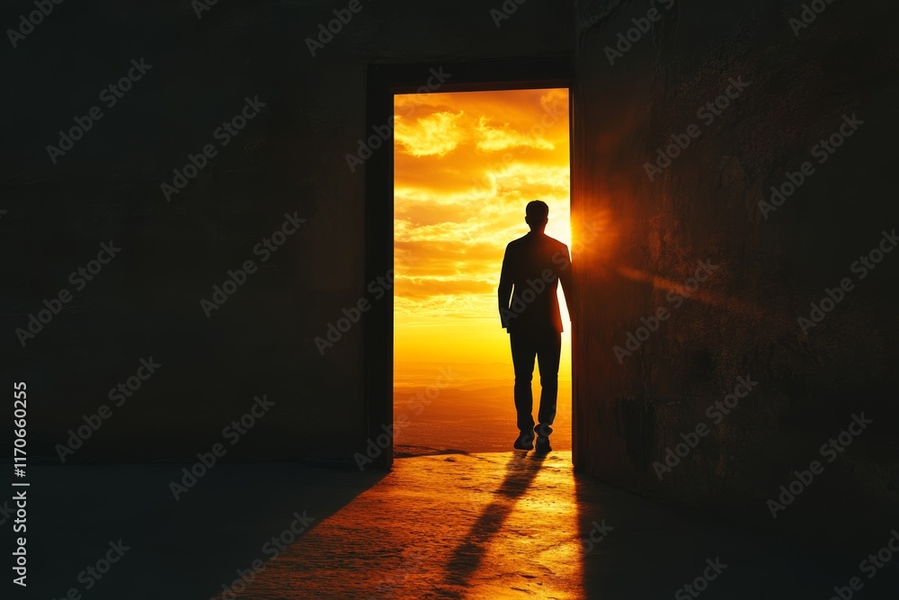 Silhouette of a Person Standing at an Open Door During Sunset Silhouette of a Person Standing at an Open Door During Sunset