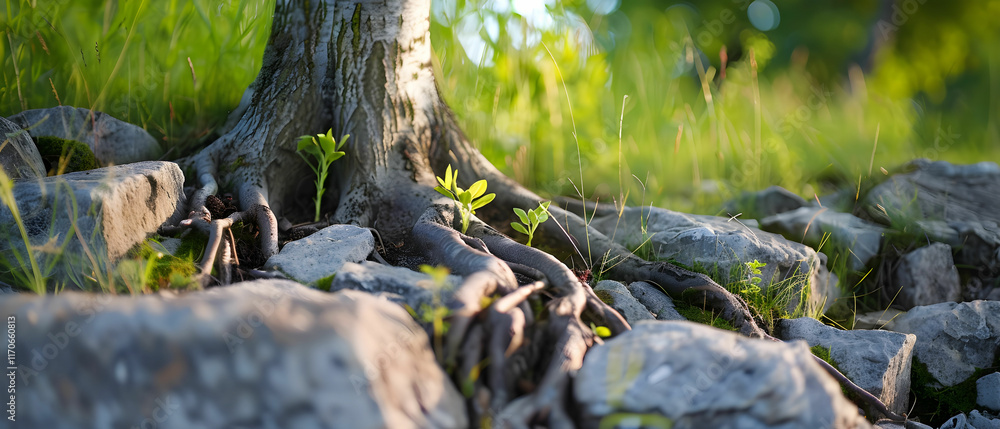 Obraz premium Natural Tree Roots Emerging from Rocks on a Sunny Day in a Lush Green Environment
