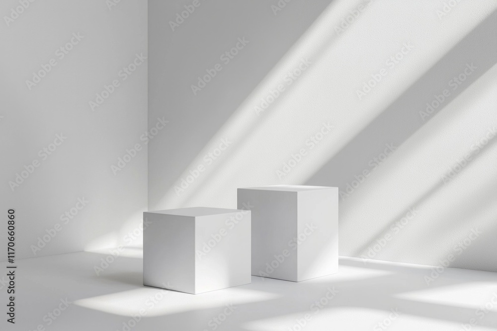 Fototapeta premium Minimalist white background for product display with square pedestals, soft shadows, and light rays 