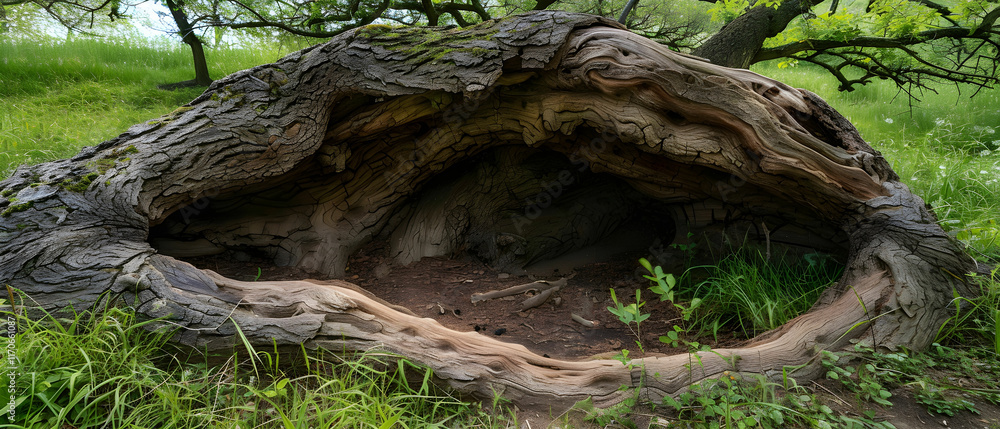 Ancient Hollowed Tree Trunk Surrounded by Lush Greenery in a Tranquil Forest Setting Ancient Hollowed Tree Trunk Surrounded by Lush Greenery in a Tranquil Forest Setting