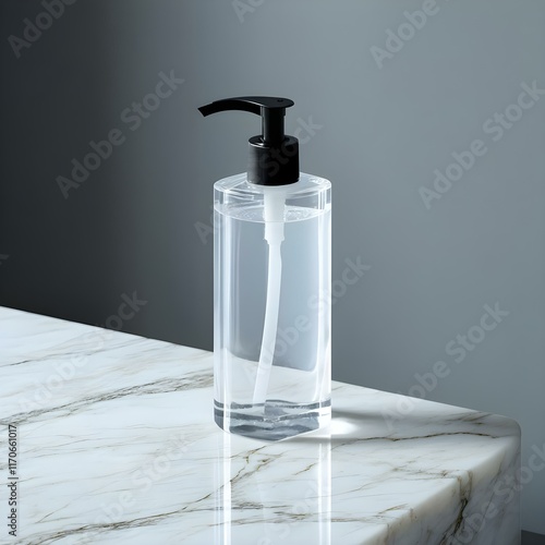 Elegant Clear Pump Bottle on Marble, Minimalist Product Mockup