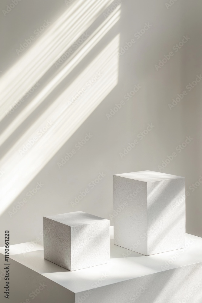 Fototapeta premium Minimalist white background for product display with square pedestals, soft shadows, and light rays