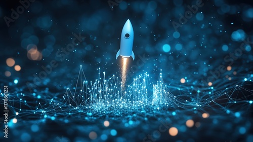 Startup and new project concept with white rocket flying up with dotted trajectory above light growth graph on blue background. 3D rendering photo