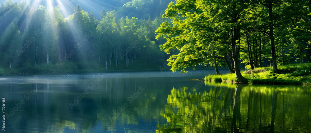 Obraz premium Serene Tranquil Lake Surrounded by Lush Green Forest with Sunlight Shining through the Trees in a Peaceful Natural Setting