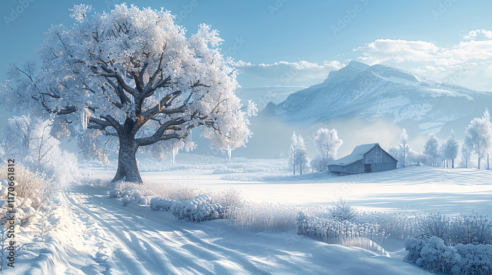Winter Wonderland: Snow-Covered Cabin by a Frozen River at Sunset Winter Wonderland: Snow-Covered Cabin by a Frozen River at Sunset