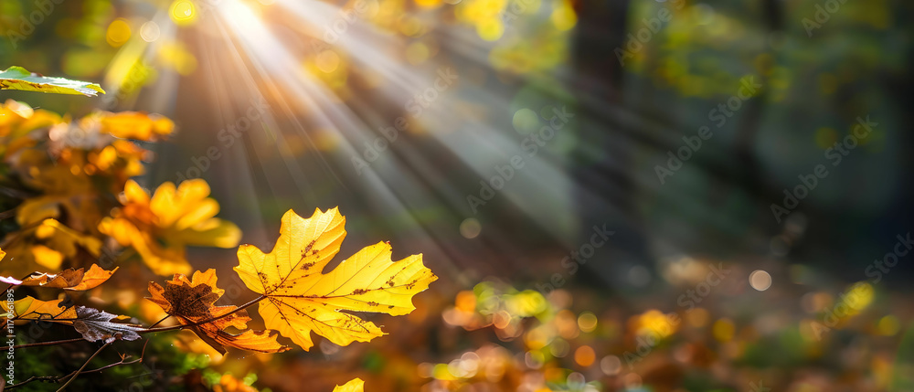 Glowing Autumn Leaves Illuminated by Rays of Sunlight in a Serene Forest Setting Glowing Autumn Leaves Illuminated by Rays of Sunlight in a Serene Forest Setting