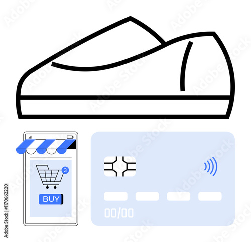 Shoe outline with digital shopping cart on smartphone and contactless payment card. Ideal for e-commerce, mobile shopping, digital payments, fintech, retail, online stores, abstract line flat