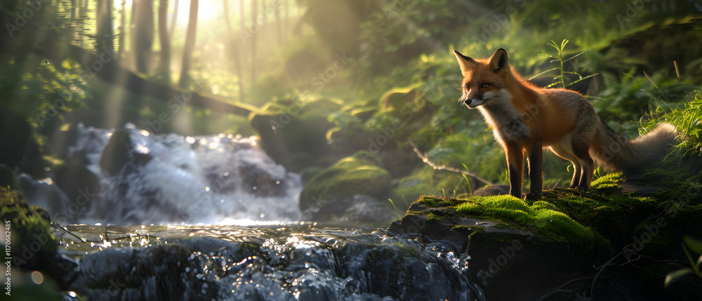 Obraz premium Majestic Fox in Sunlit Forest Beside Sparkling Stream with Gentle Water Flow and Lush Greenery