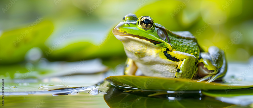 Close-up of a vibrant green frog resting on a lily pad surrounded by lush greenery in a serene aquatic environment Close-up of a vibrant green frog resting on a lily pad surrounded by lush greenery in a serene aquatic environment