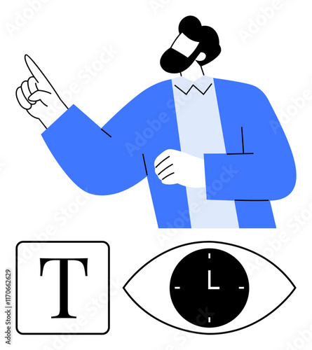 Man pointing upward, text box with T, eye enclosing clock. Ideal for education, design, creativity, time management, focus communication and knowledge themes. Abstract line flat metaphor