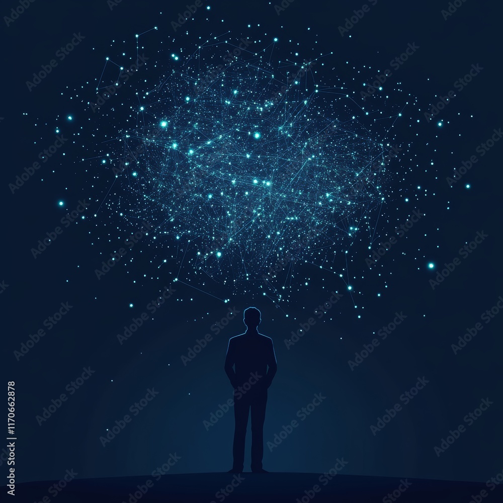 Silhouette of a Person Surrounded by a Big Data Visualization Concept in a Dark Background Silhouette of a Person Surrounded by a Big Data Visualization Concept in a Dark Background