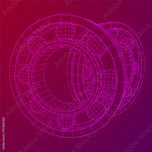 Roller bearing. Circular round rotating bearings used in industry for heavy equipment mechanical work and engineering. Wireframe low poly mesh vector illustration.