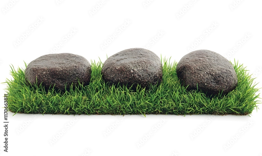 Three dark stones on a patch of green grass, isolated on white. Three dark stones on a patch of green grass, isolated on white.