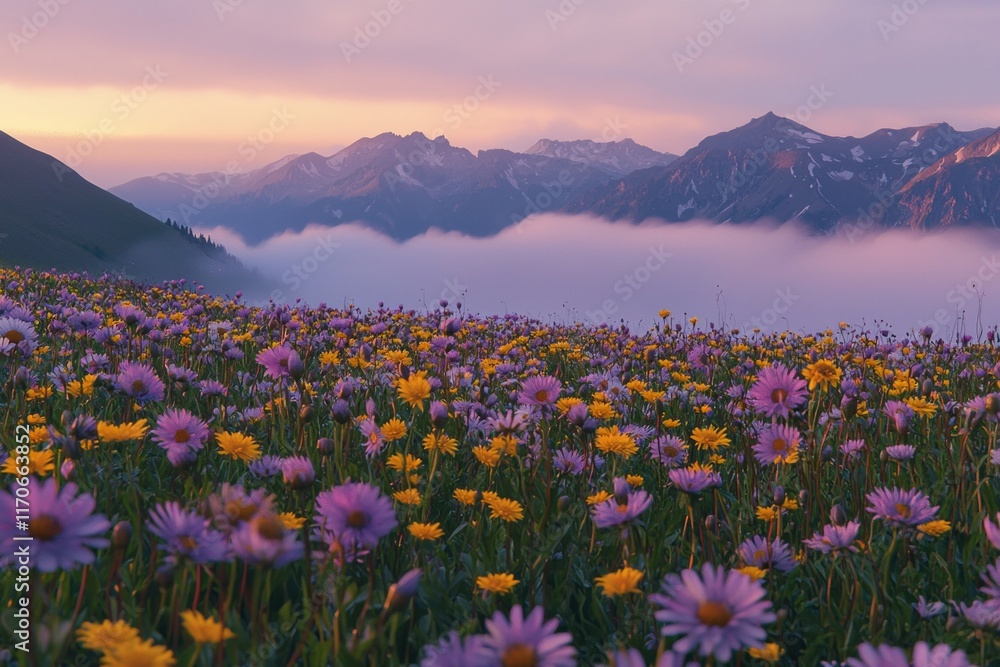 Purple and yellow flowers field during sunrise with a sea of clouds and mountains in the distance Purple and yellow flowers field during sunrise with a sea of clouds and mountains in the distance