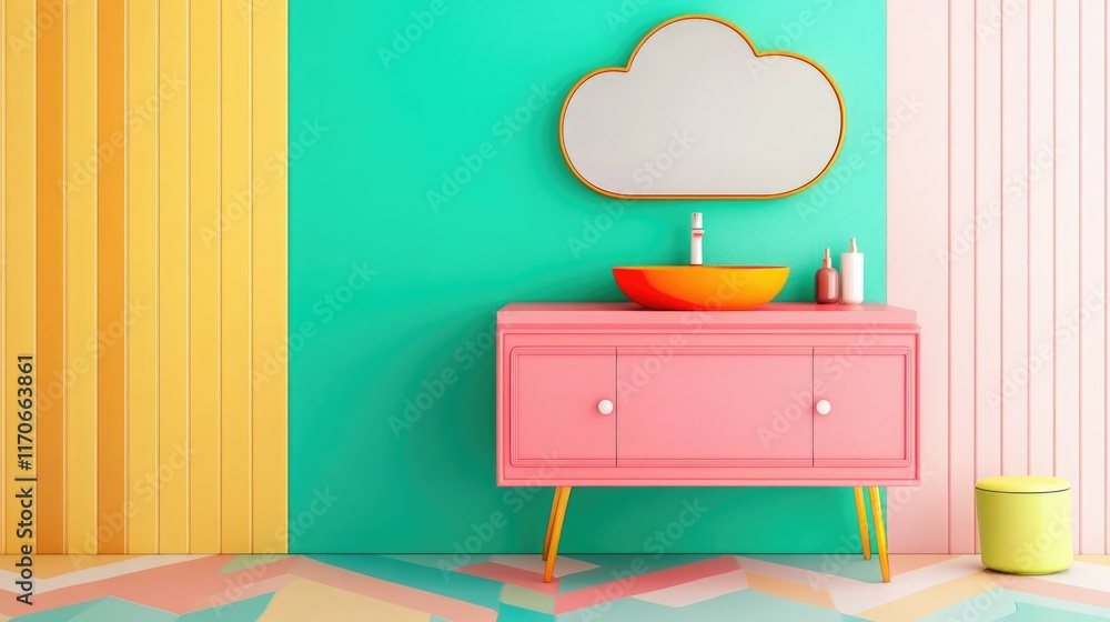Fototapeta premium Funky Bathroom with Pink Vanity and Cloud Mirror. Trend: Dopamine Decor