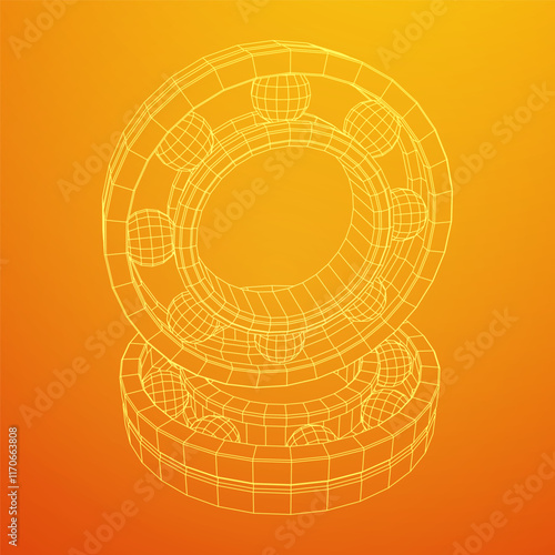 Roller bearing. Circular round rotating bearings used in industry for heavy equipment mechanical work and engineering. Wireframe low poly mesh vector illustration.