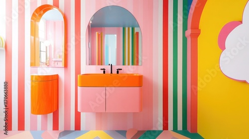 Funky Bathroom with Hot Pink Vanity and Neon Orange Sink. Trend: Dopamine Decor