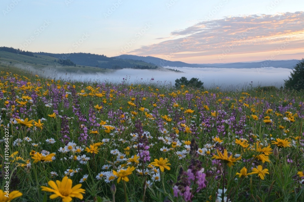 Fototapeta premium Purple and yellow flowers field during sunrise with a sea of clouds and mountains in the distance
