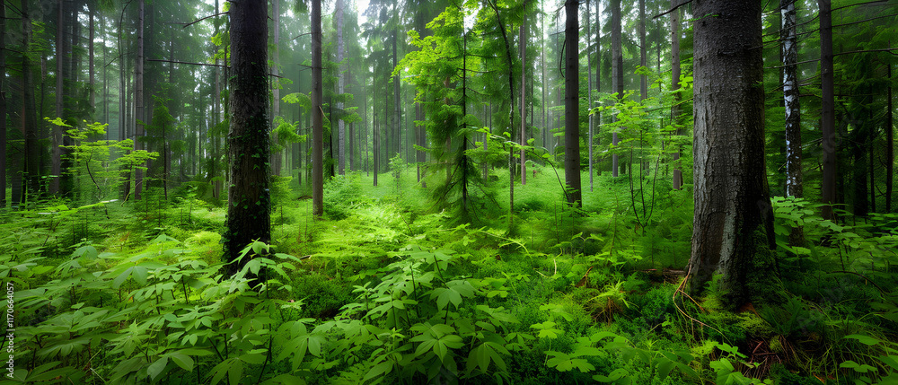 Obraz premium Lush Green Forest Scene with Tall Trees and Dense Underbrush in Misty Atmosphere