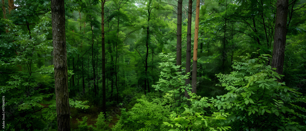 Lush Green Forest Scene with Tall Trees and Dense Underbrush in a Natural Setting Lush Green Forest Scene with Tall Trees and Dense Underbrush in a Natural Setting