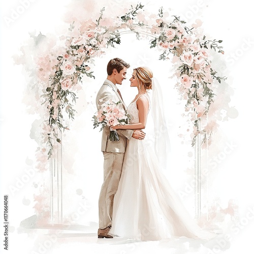 Watercolor of an elegant couple at their wedding, an arch of flowers.