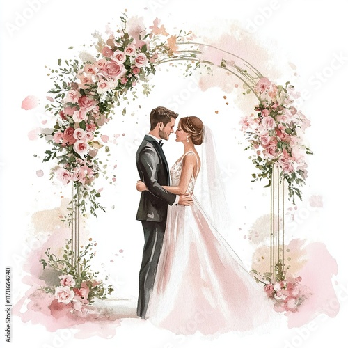 illustration of bride and groom ,an arch with flowers, standing facing each other.