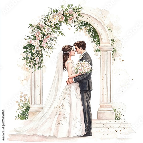 romantic illustration of bride and groom ,an elegant bow decorated with flowers.