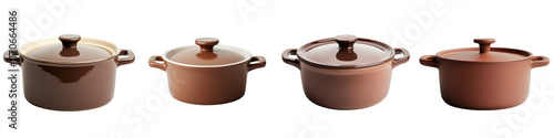 Assortment of brown ceramic cooking pots and pans in various sizes and shapes arranged on a plain white background  The cookware showcases a natural photo