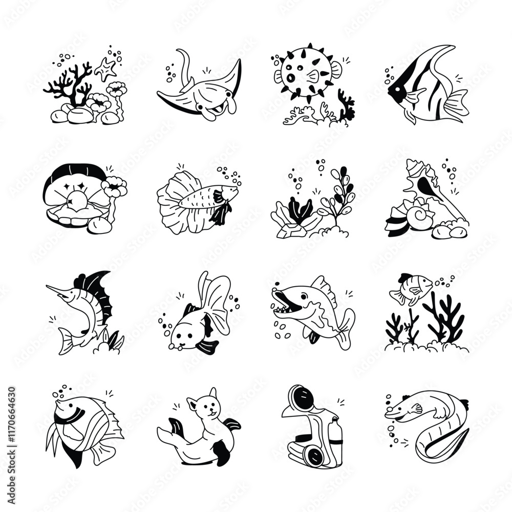 A collection of icons of various aquatic animals, including fish, rays, seahorses, pufferfish, and more, in a simplified, cartoonish style A collection of icons of various aquatic animals, including fish, rays, seahorses, pufferfish, and more, in a simplified, cartoonish style